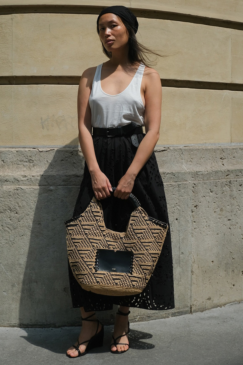 best strappy sandals shown in a photo of a French woman standing on the sidewalk wearing a black headscarf, white silk scoop neck tank top tucked into a black skirt with black strappy sandals and a large raffia tote bag