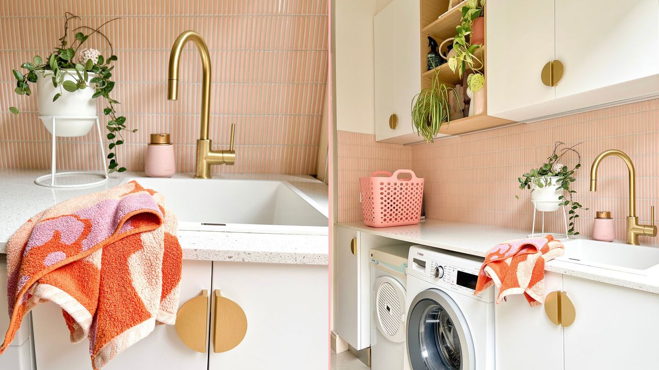 Two pictures of a pink laundry room, with a sink and a washing machine