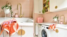 Two pictures of a pink laundry room, with a sink and a washing machine