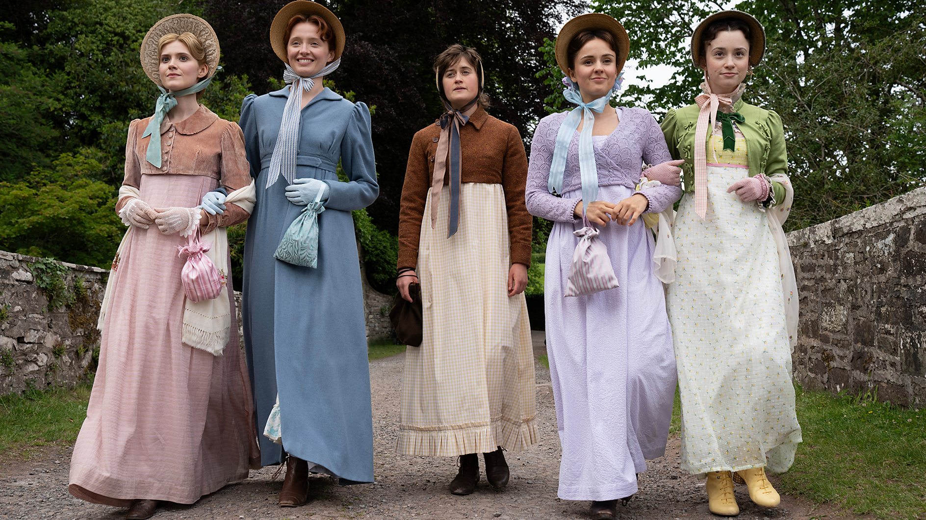 l-r Maddie Close as Jane, Poppy Gilbert as Lizzie, Ella Bruccoleri as Mary, Molly Wright as Kitty, Grace Hogg-Robinson as Lydia. A still from BritBox's 'The Other Bennet Sister.'