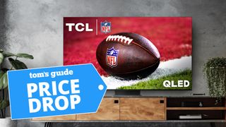 TCL QM8 4K TV shown in living room with a football on its screen