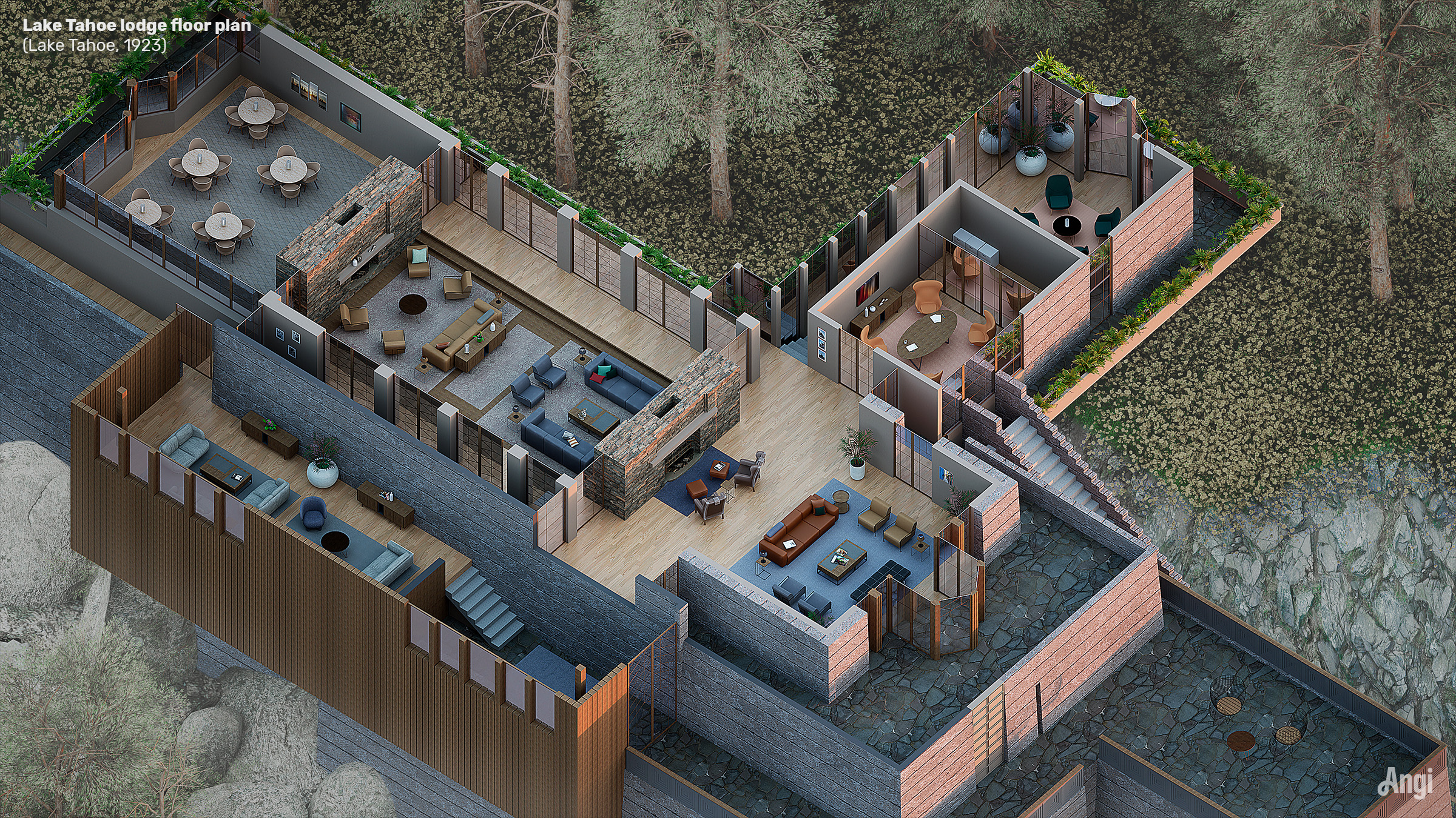 3D Rendering of a house floor plan designed by Frank Lloyd Wright.