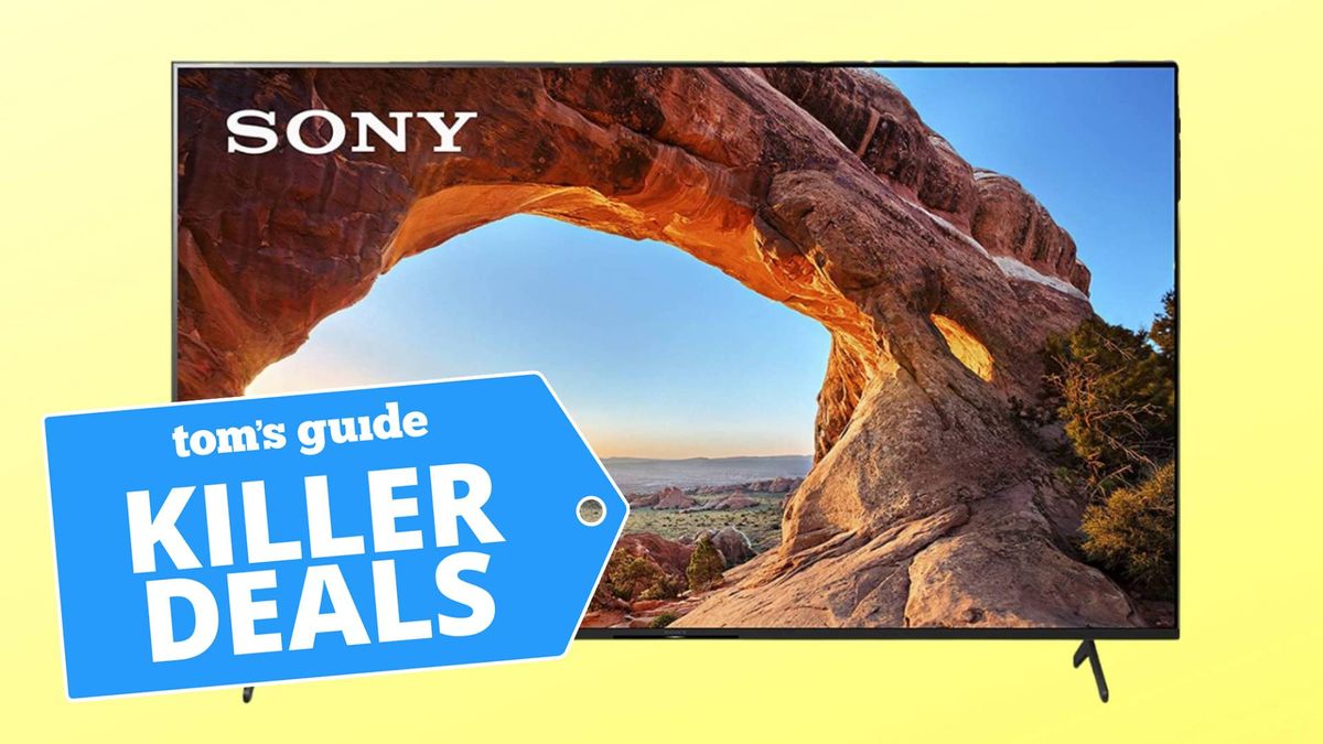 A Sony X85J TV with the &quot;Tom&#039;s Guide killer deals&quot; tag overlaid