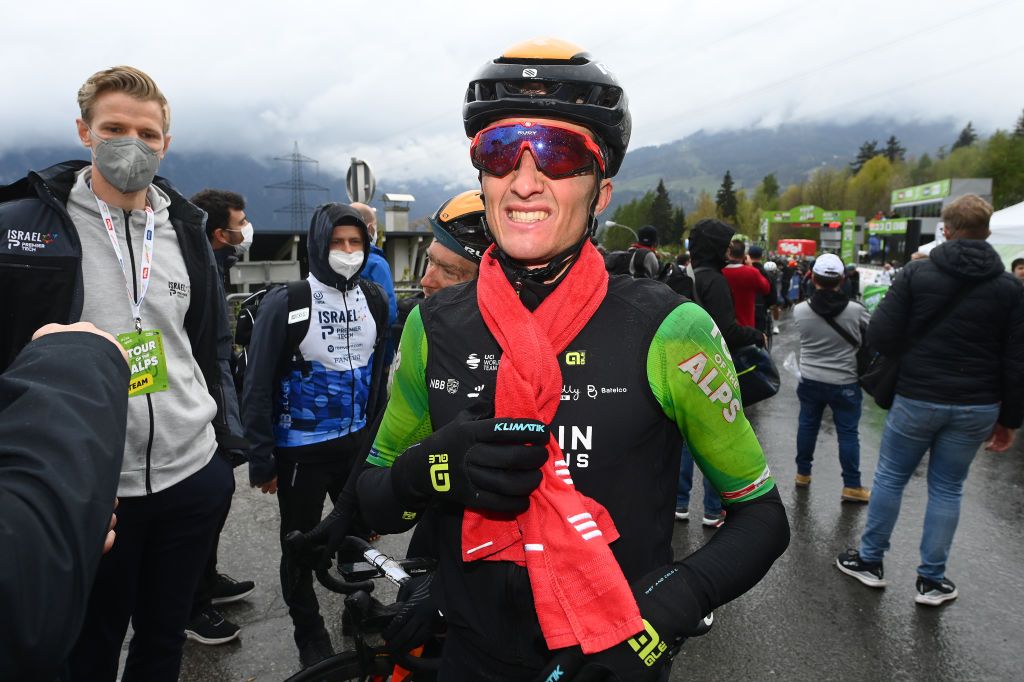 LIENZ AUSTRIA APRIL 22 Pello Bilbao Lpez De Armentia of Spain and Team Bahrain Victorious Green Leader Jersey disappointed at finish line after the 45th Tour of the Alps 2022 Stage 5 a 1145km stage from Lienz to Lienz TouroftheAlps on April 22 2022 in Lienz Austria Photo by Tim de WaeleGetty Images