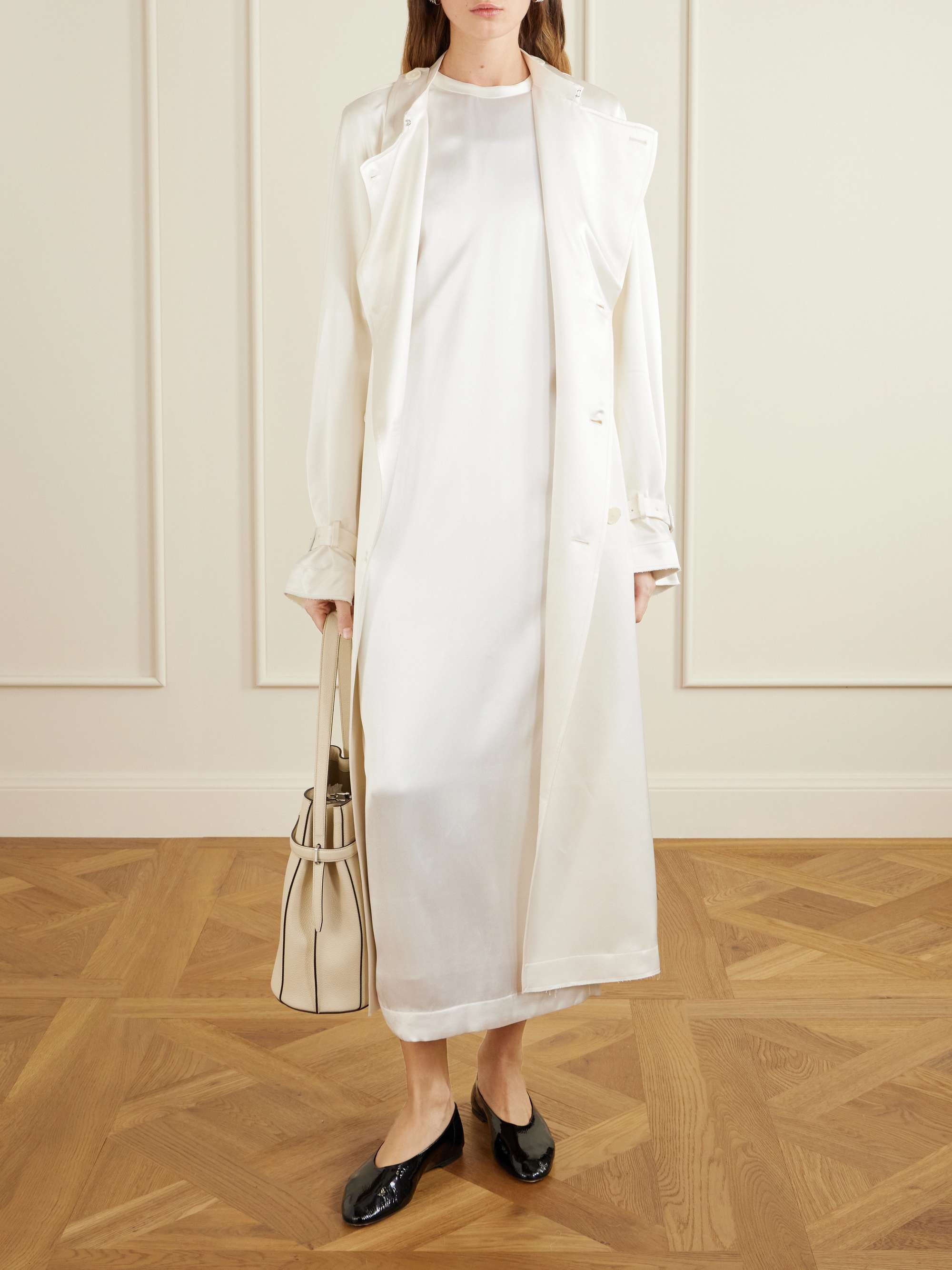 Double-Breasted Draped Satin Trench Coat