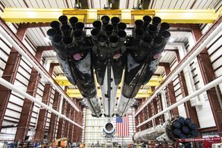 SpaceX's Falcon Heavy rocket preparing for its June 24, 2019, launch.