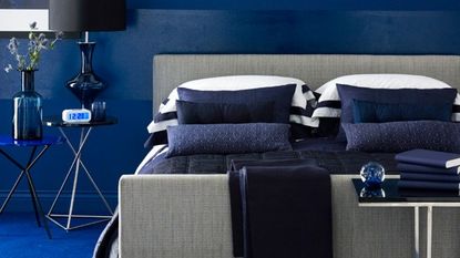 bedroom with blue colour and table lamp