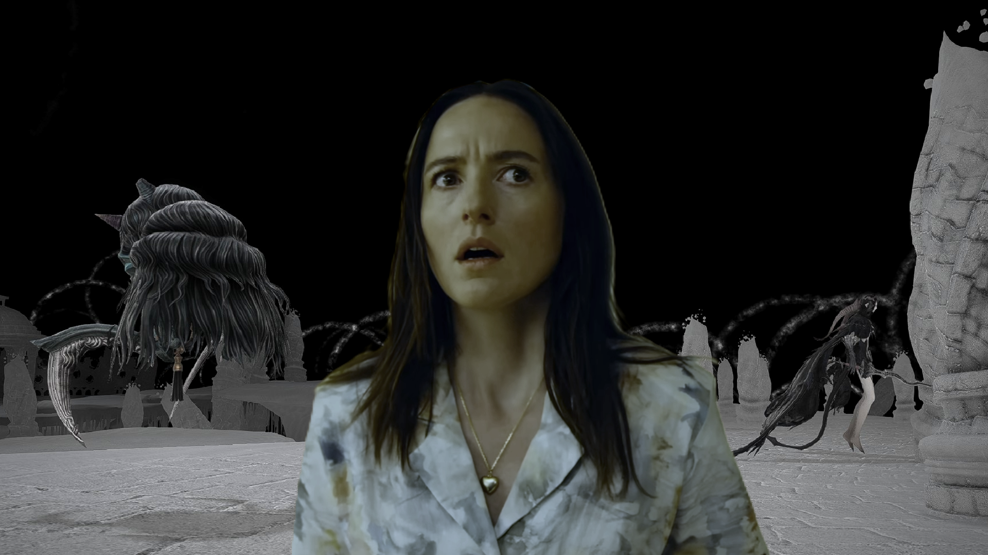 An edited image of a zone in Final Fantasy 14 with the protagonist of The Backrooms movie imposed over it.