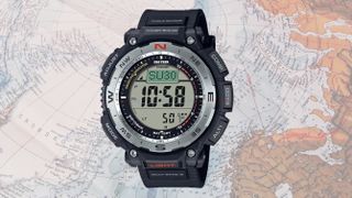 Pro Trek PRW-3400-1 watch superimposed over world map