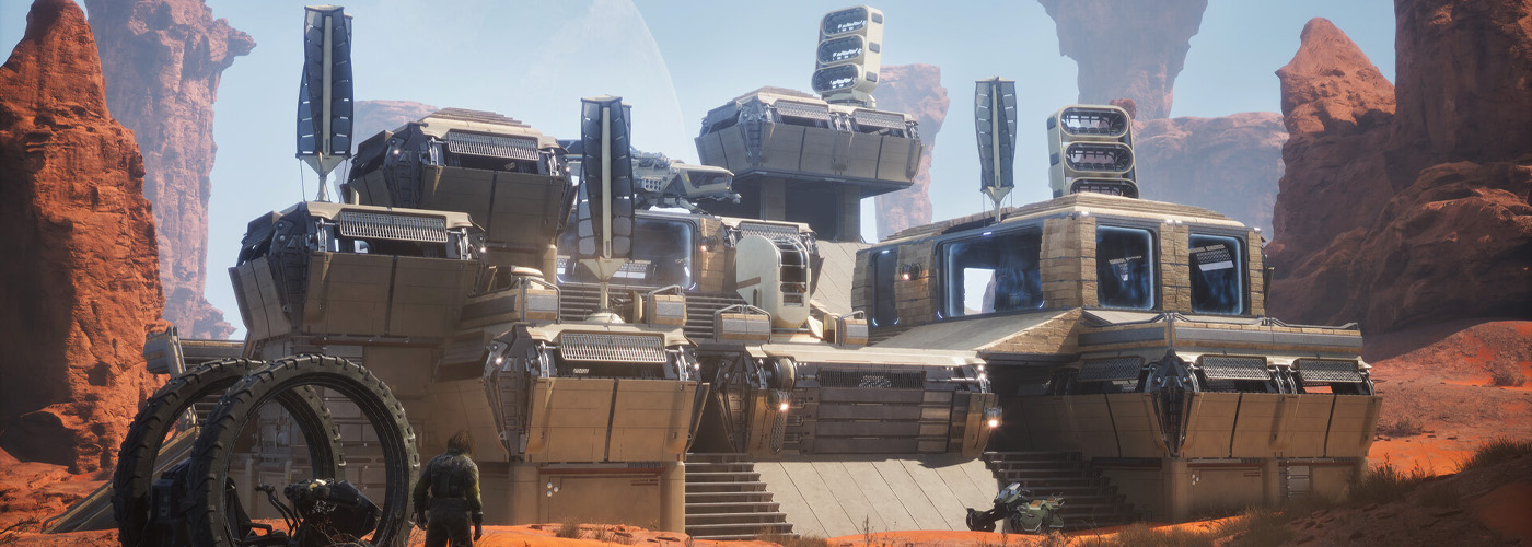 Dune: Awakening - The Lost Harvest DLC building preview with a new type of vehicle parked out in front.