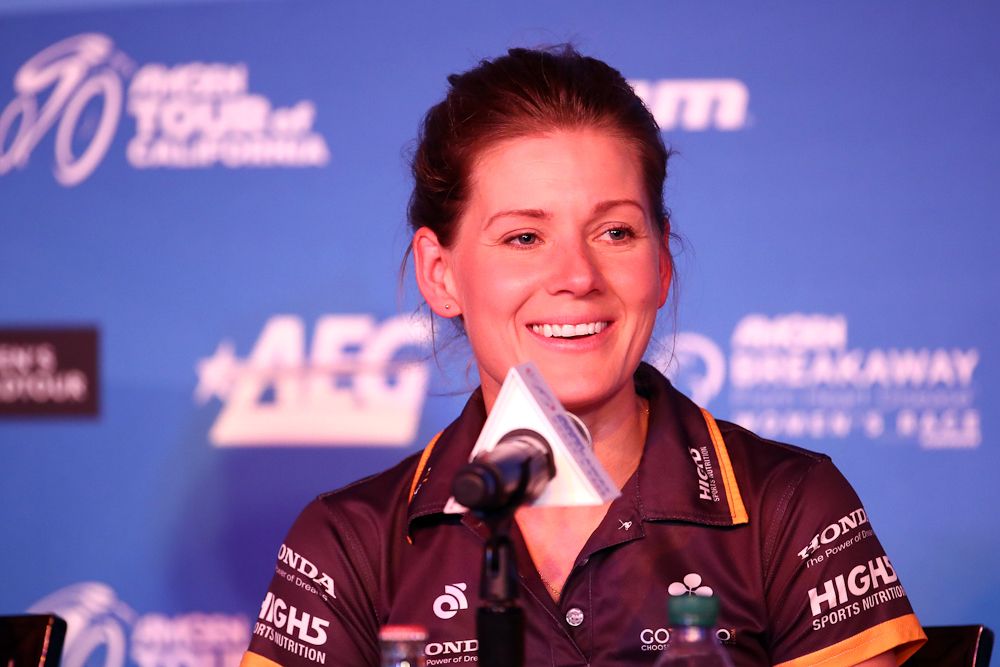 Emma Johansson addresses the media during a press conference ahead of the 2016 Amgen Breakaway from Heart Disease Women's Race