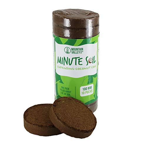 Minute Soil - Compressed Coco Coir Fiber Grow Medium - 100 Mm Discs - 10 Pack = 4.25 Gallons of Potting Soil - Gardening, House Plants, Flowers, Herbs, Microgreens, Wheatgrass - Just Add Water - Omri