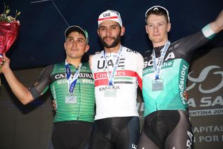 The Vuelta a Sn Jun stage 1 podium (l-r) Matteo Malucell (Caja Rural), Fernando Gaviria (UAE Team Emirates), Sam Bennett (Bora-Hansgrohe)