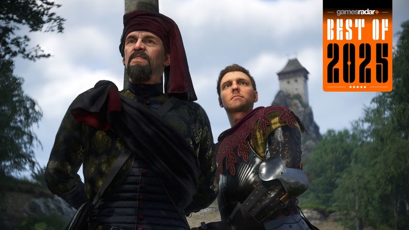 Kingdom Come: Deliverance 2 protagonist Henry standing alongside a noble with a tower in the background