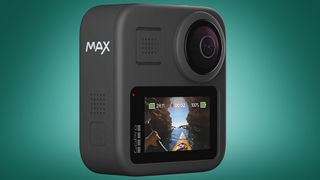 The GoPro Max 360 camera on a green background
