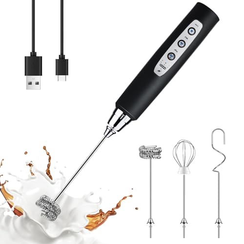 Yuswko Rechargeable Milk Frother, Handheld Electric Frother Wand With 3 Speeds 3 Detachable Stainless Steel Drink Mixer for Coffee Lattes, Cappuccino, Egg