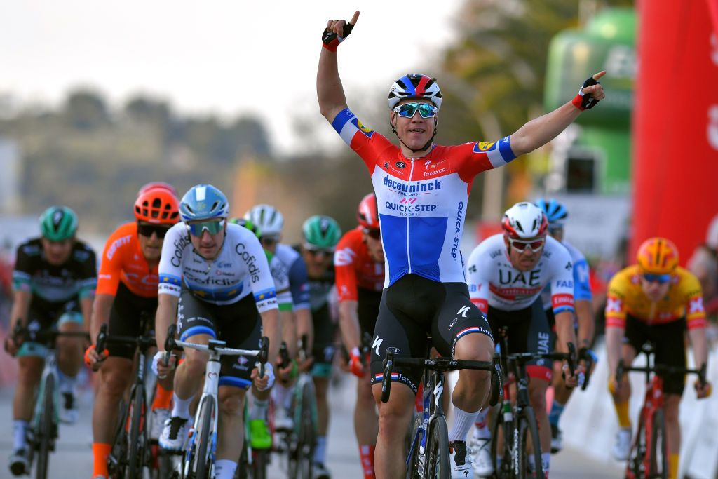 LAGOS PORTUGAL FEBRUARY 19 Arrival Fabio Jakobsen of The Netherlands and Team Deceuninck Quick Step Celebration Elia Viviani of Italy and Team Cofidis Matteo Trentin of Italy and CCC Team Alexander Kristoff of Norway and UAETeam Emirates during the 46th Volta ao Algarve 2020 Stage 1 a 1956km stage from Portimo to Lagos VAlgarve2020 on February 19 2020 in Lagos Portugal Photo by Tim de WaeleGetty Images