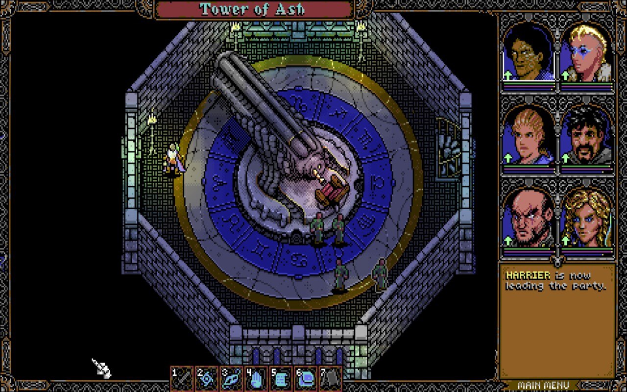 Skald gameplay showing a strange telescope-like apparatus in a tower interior.