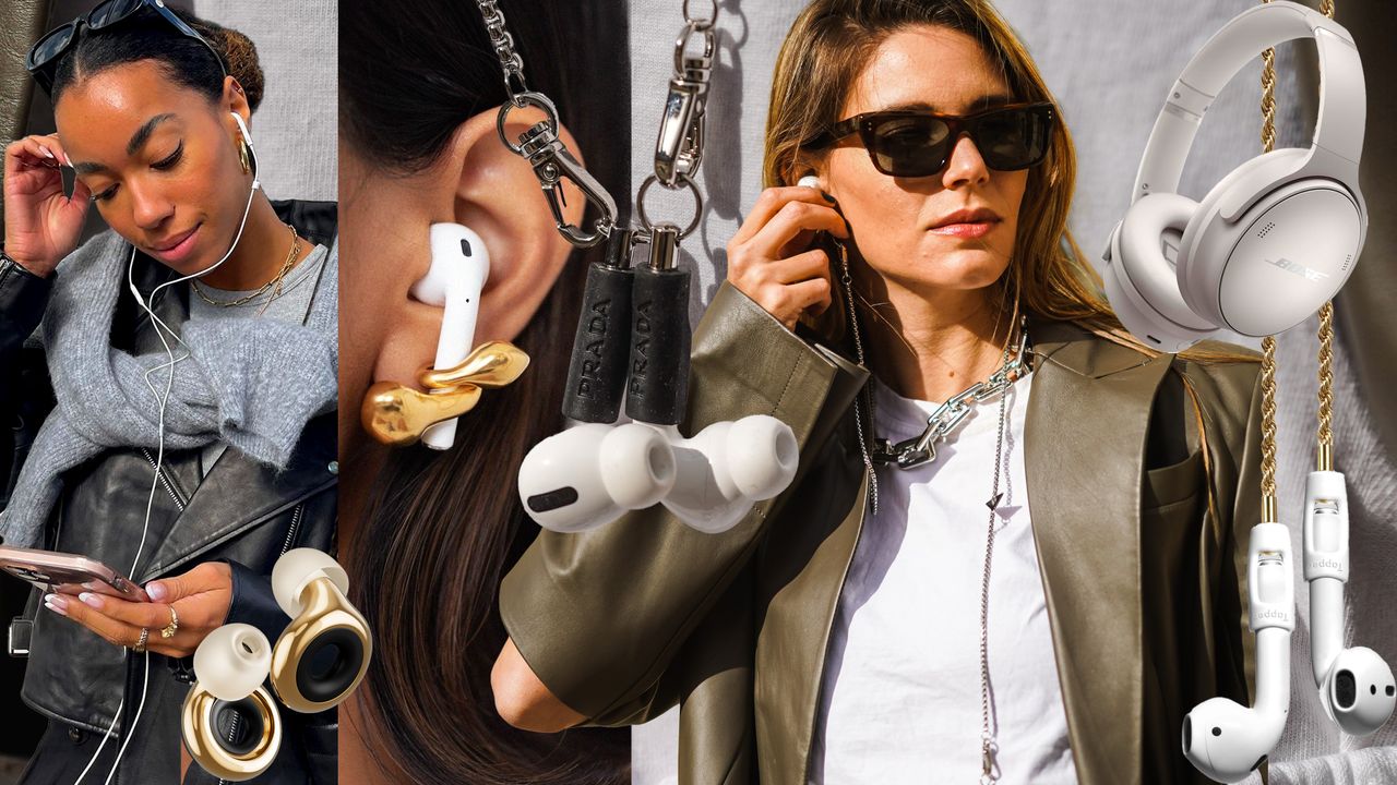 fashion collage of a street style star and an influencer Amaka Hamelijnck wearing sound sensitivity accessories for tinnitus, hyperacusis, misophonia, and more including ear plugs, headphones. and airpod jewelry