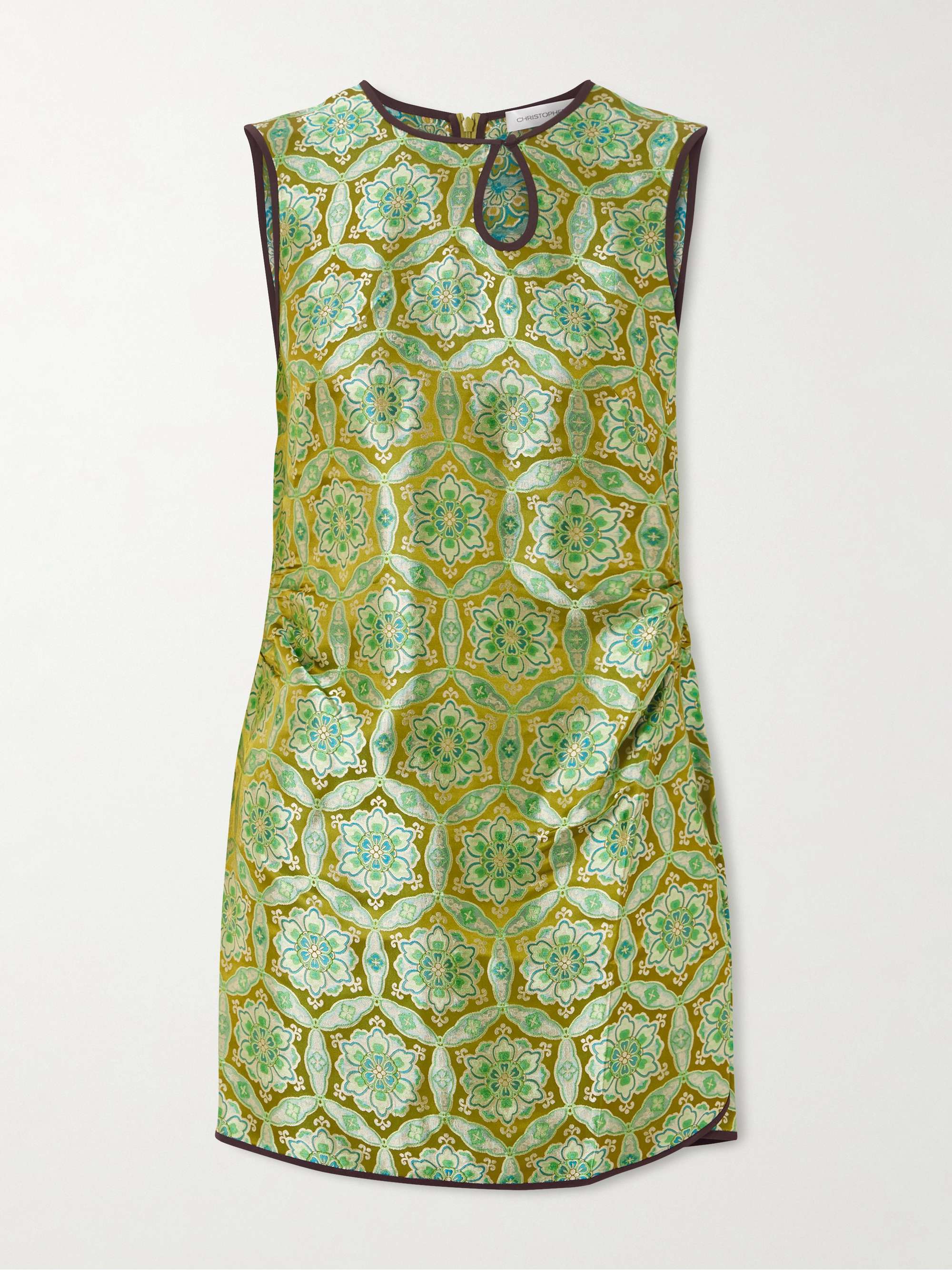 Palmira Ruched Cutout Floral Brocade Mini Dress