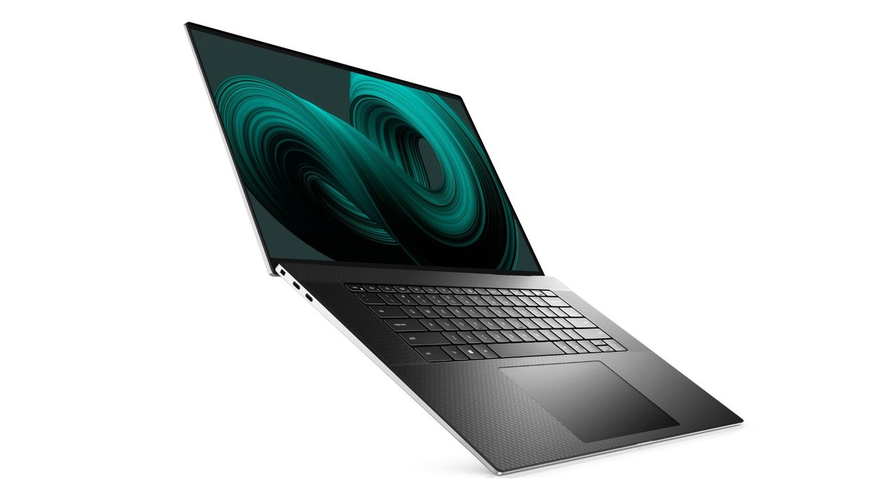 Dell XPS 17 laptop on white background with the screen open
