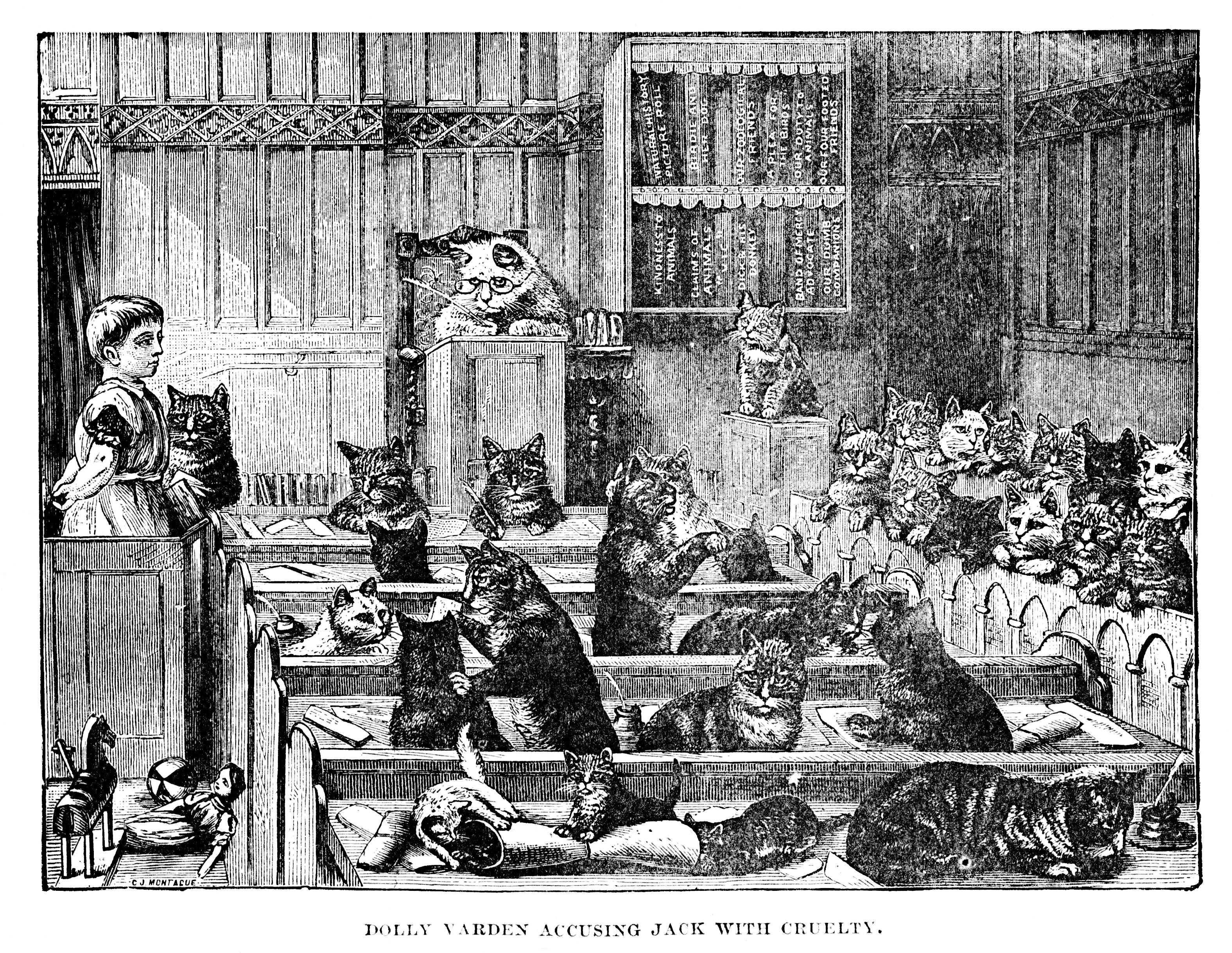 old illustration of anthropomorphic cats at a trial of a human
