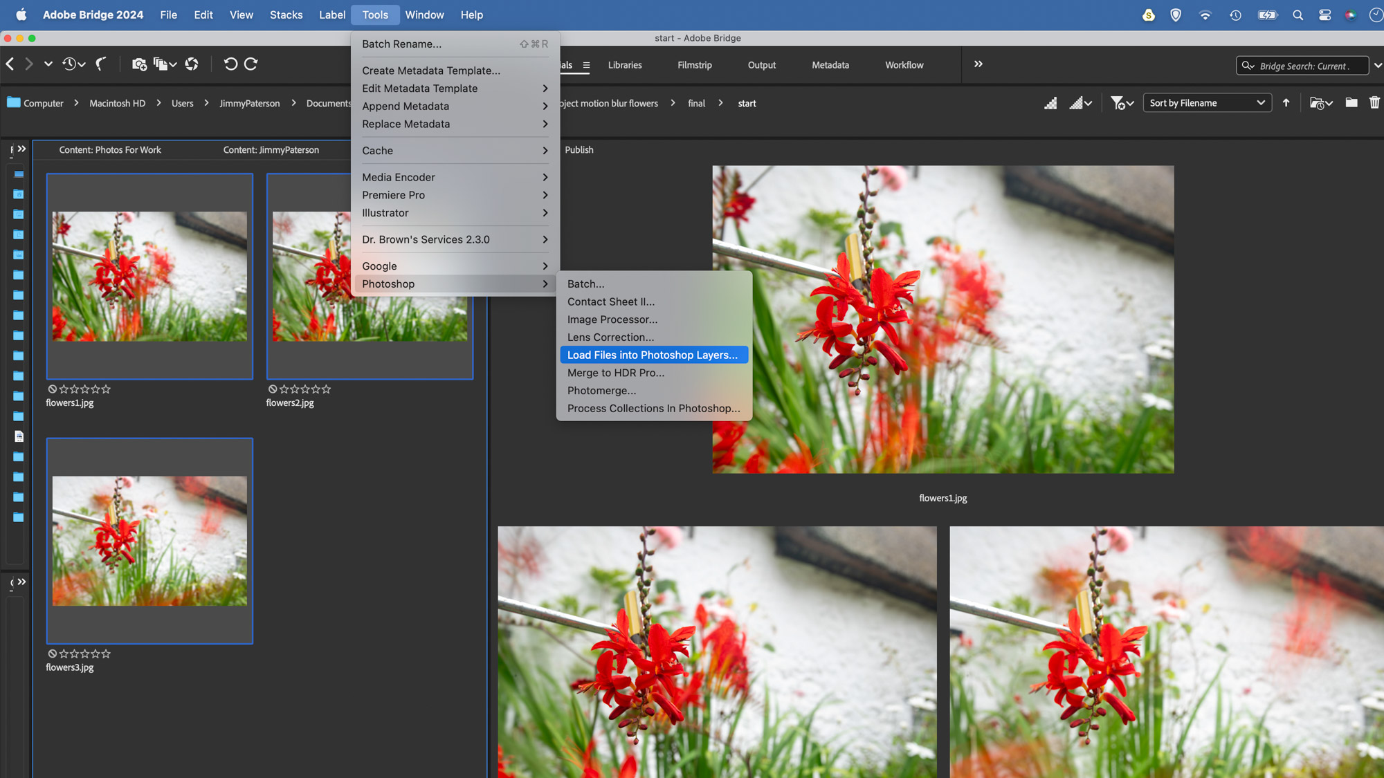 All of the flower images are selected in Adobe Bridge and the photographer has gone to Tools &amp;gt; Photoshop &amp;gt; Load files into Photoshop Layers