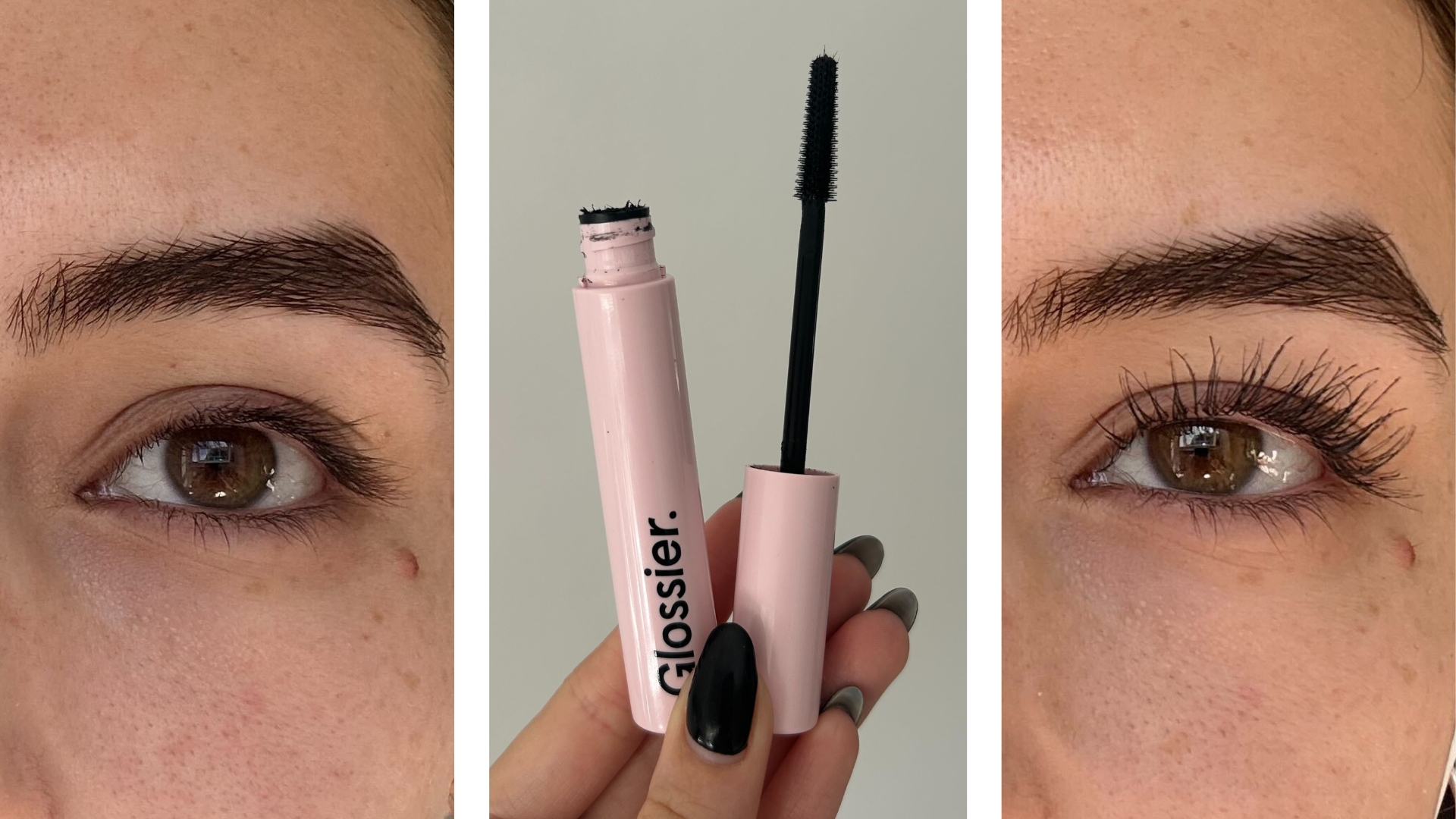 Collage showing before and after pictures of the Glossier Lash Slick Mascara