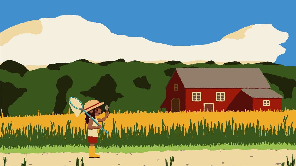 Kabuto Park's player character, Hana, with a magnifying glass and bug net standing in a field with a red barn.