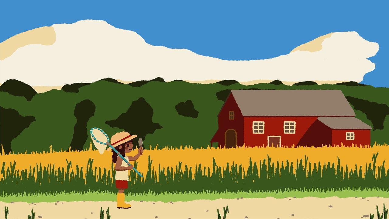 Kabuto Park's player character, Hana, with a magnifying glass and bug net standing in a field with a red barn.