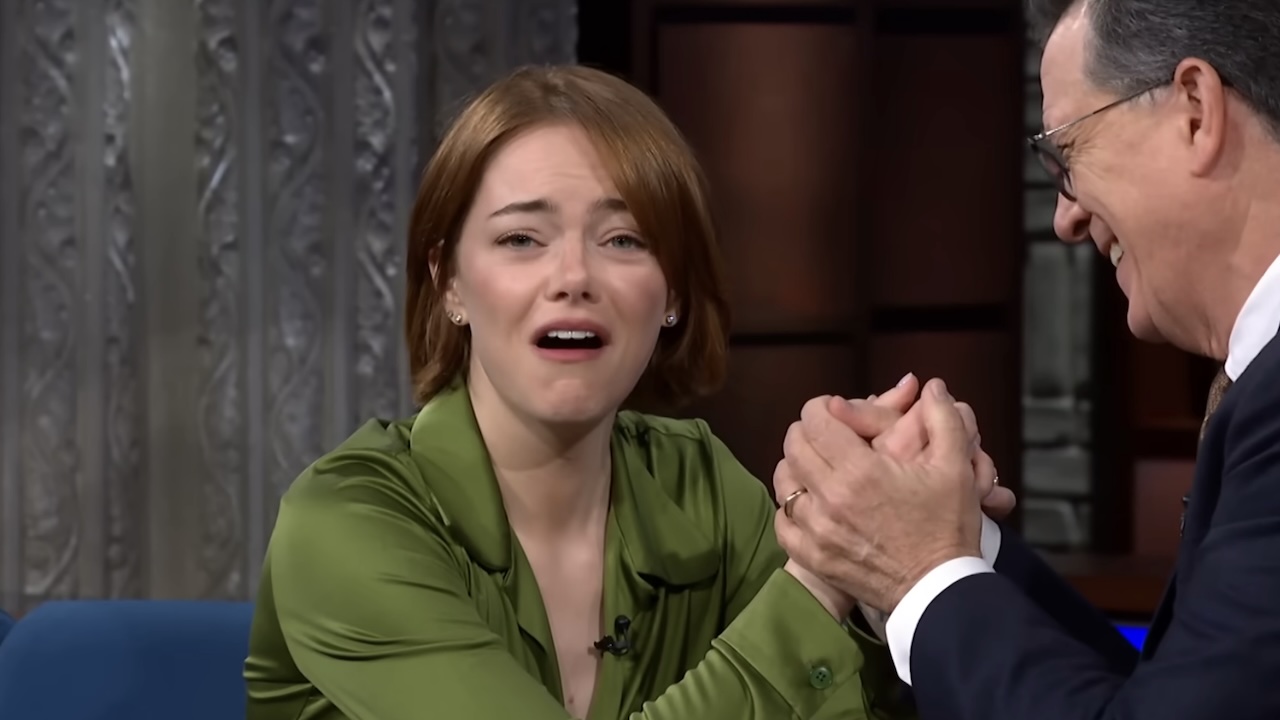 Emma Stone looking devastated on The Late Show with Stephen Colbert