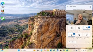Copilot Windows Studio Effects being used with person showing thumbs up on laptop screen