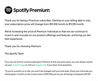 The email from Spotify to users about a price hike.