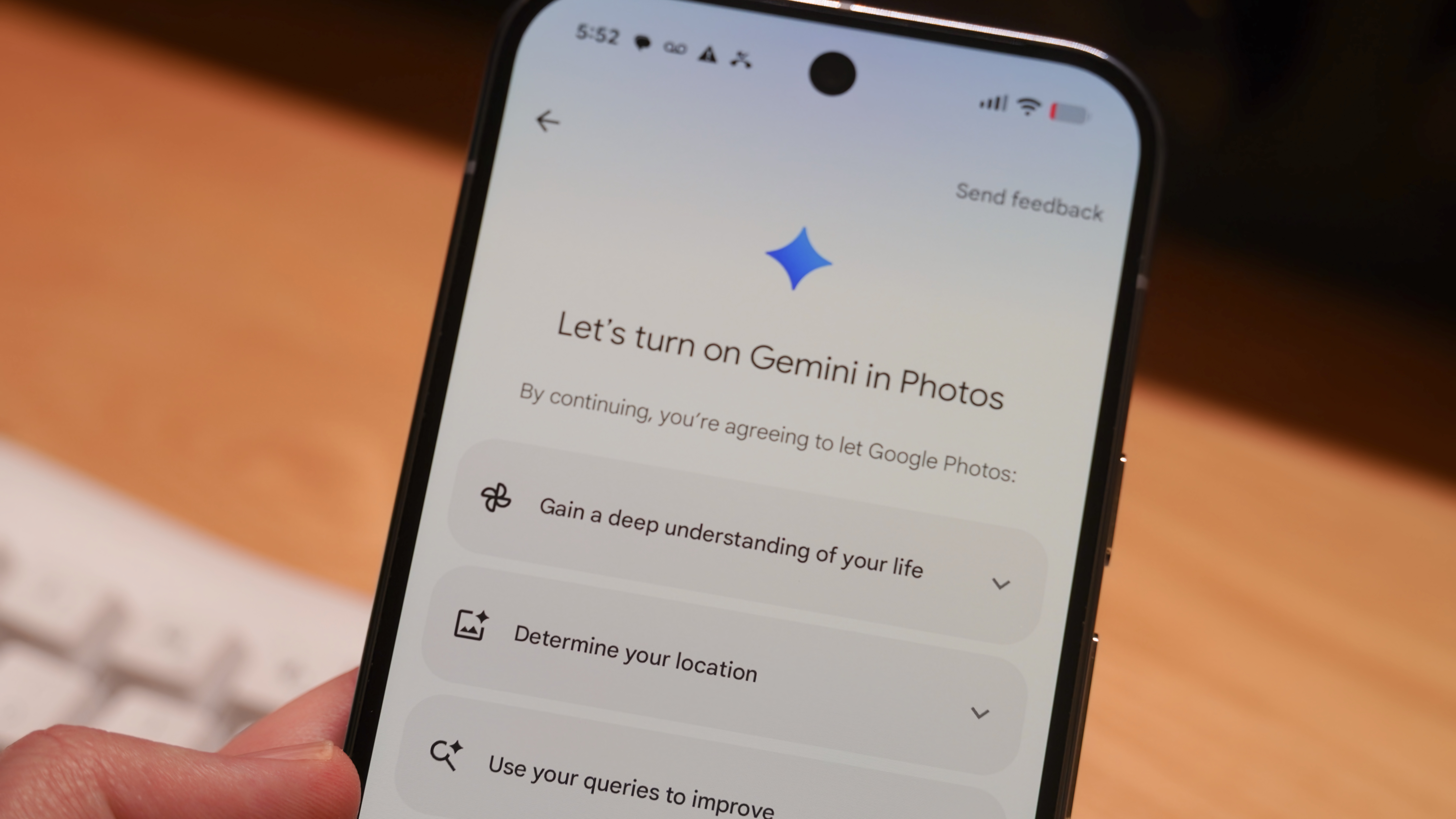 Enabling the Ask Photos feature in Google Photos on a Pixel 10 Pro.
