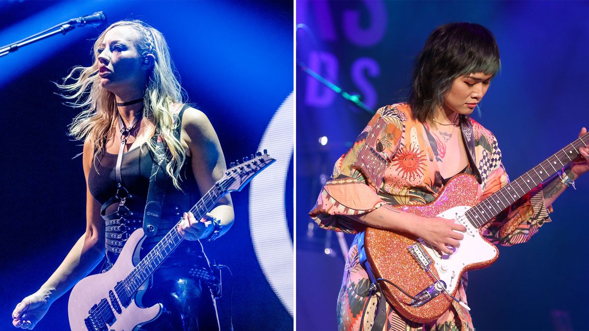 Nita Strauss playing her Ibanez JIVA and Yvette Young with her YY20 signature guitar