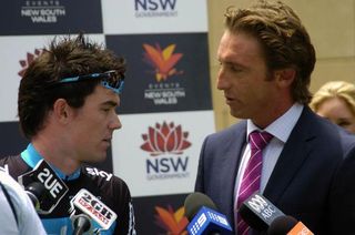 Chris Sutton (Team Sky) is interviewed by Gamin-Cervelo sport director Matt White.