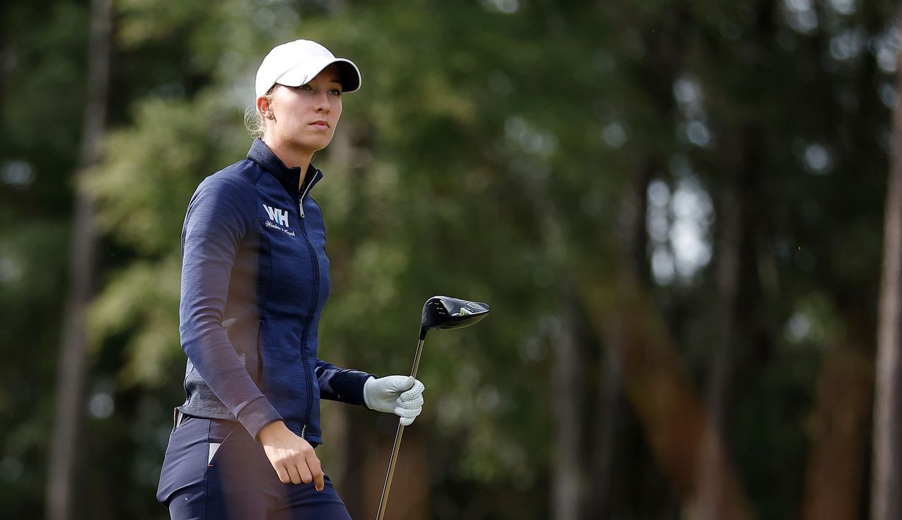 Alexandra Forsterling watches her tee shot whilst holding her driver