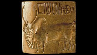 A gold block has carved text in the top right of it with a large bull carved below, all on top of a black background