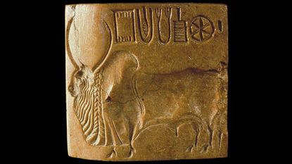 A gold block has carved text in the top right of it with a large bull carved below, all on top of a black background
