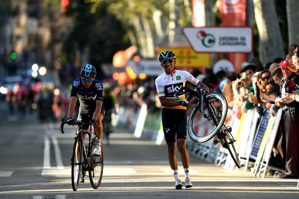 Team Sky's Egan Bernal walks to the finish