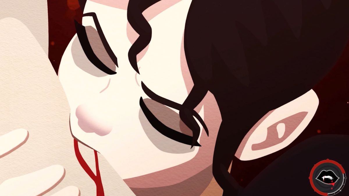 A screenshot of Liza drinking blood from the neck of a human in the trailer for the upcoming vampire game, Cabernet. 