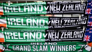 Half and half scarves of Ireland and New Zealand rugby union teams