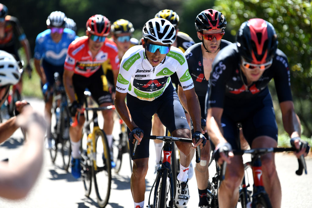 MOS SPAIN SEPTEMBER 04 Egan Arley Bernal Gomez of Colombia and Team INEOS Grenadiers white best young jersey competes during the 76th Tour of Spain 2021 Stage 20 a 2022km km stage from Sanxenxo to Mos Alto Castro de Herville 502m lavuelta LaVuelta21 on September 04 2021 in Mos Spain Photo by Tim de WaeleGetty Images