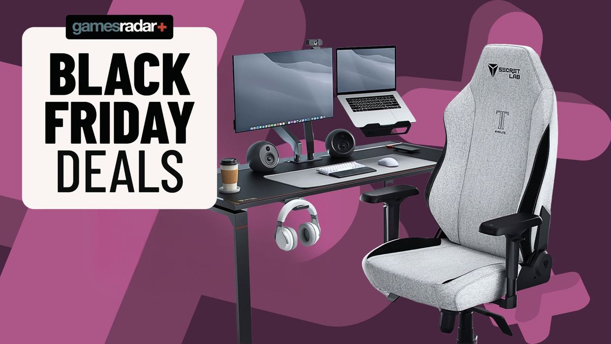 A Secretlab desk and chair on a purple background with a GamesRadar+ Black Friday stamp next to it