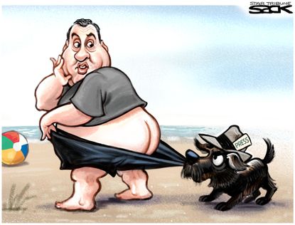 Political cartoon U.S. Chris Christie beach closing copperstone baby