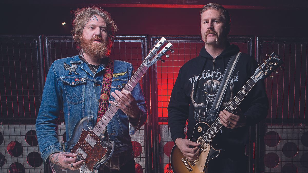 Portrait of American musicians Brent Hinds (L) and Bill Kelliher, guitarists with heavy metal group Mastodon, photographed before a live performance at The Fleece in Bristol, on December 2, 2014. 