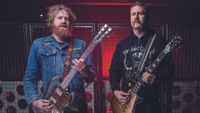 Portrait of American musicians Brent Hinds (L) and Bill Kelliher, guitarists with heavy metal group Mastodon, photographed before a live performance at The Fleece in Bristol, on December 2, 2014. 