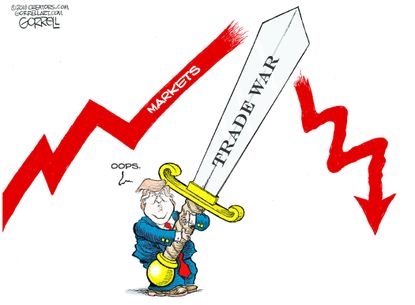 Political cartoon U.S. Trump trade war tariffs stock market