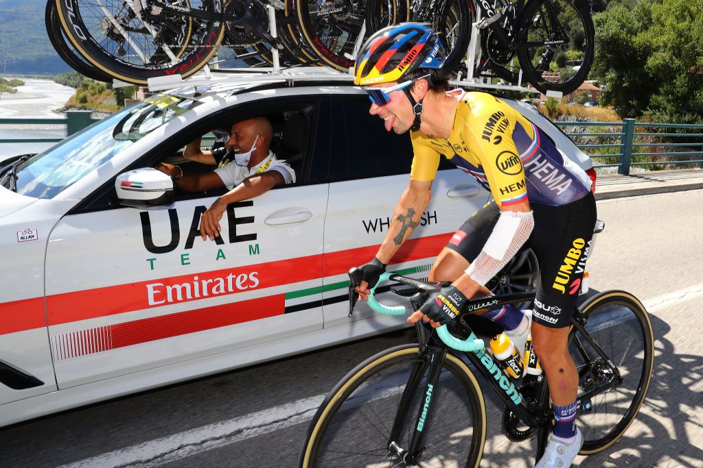 NICE FRANCE AUGUST 30 Primoz Roglic of Slovenia and Team Jumbo Visma Car during the 107th Tour de France 2020 Stage 2 a 186km stage from Nice Haut Pays to Nice TDF2020 LeTour on August 30 2020 in Nice France Photo by Michael SteeleGetty Images