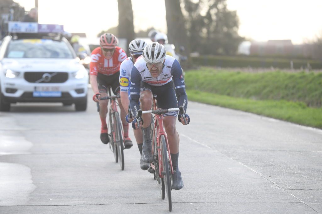 Belgian Jasper Stuyven of TrekSegafredo rides ahead of Belgian Yves Lampaert of Deceuninck QuickStep and Danish Asjorn Kragh Andersen of Team Sunweb at the mens elite race of the 75th edition of the oneday cycling race Omloop Het Nieuwsblad 200km from Merelbeke to Ninove Saturday 29 February 2020BELGA PHOTO DAVID STOCKMAN Photo by DAVID STOCKMANBELGA MAGAFP via Getty Images
